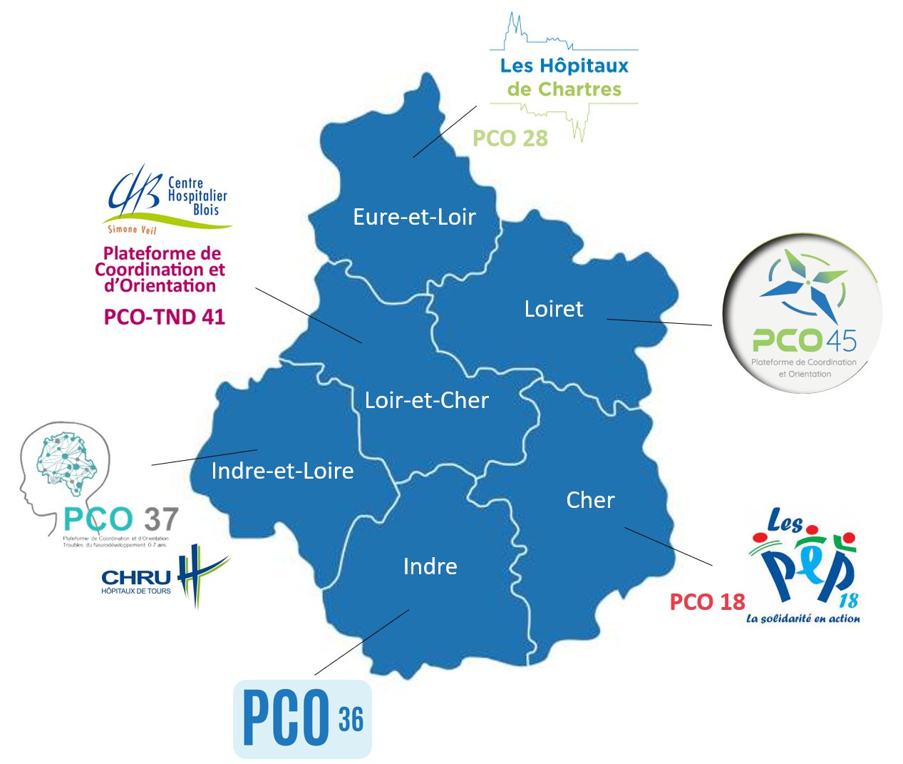 Carte des PCO en région Centre Val de Loire